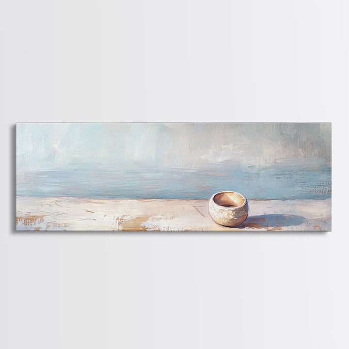 Tiny Ceramic Bowl On Blue Ledge Wall Art, Minimalist Coastal Decor, Neutral Still Life Print, Calm Japandi Home Decor Art