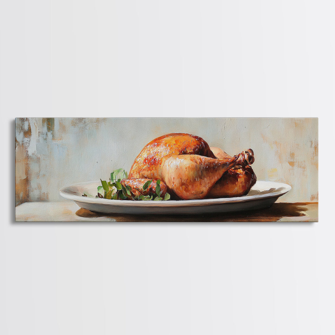 Roasted Chicken On White Platter Canvas Print, Rustic Kitchen Wall Decor, Food Art, Dining Room Decor, Housewarming Gift