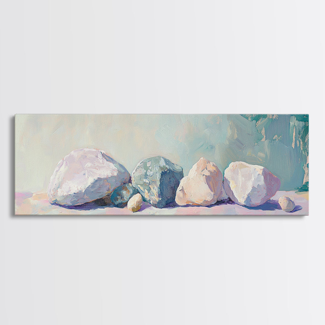Pastel Stone Still Life Wall Art, Neutral Coastal Canvas Print, Minimalist Nature Decor, Serene Living Room Wall Decor Prints
