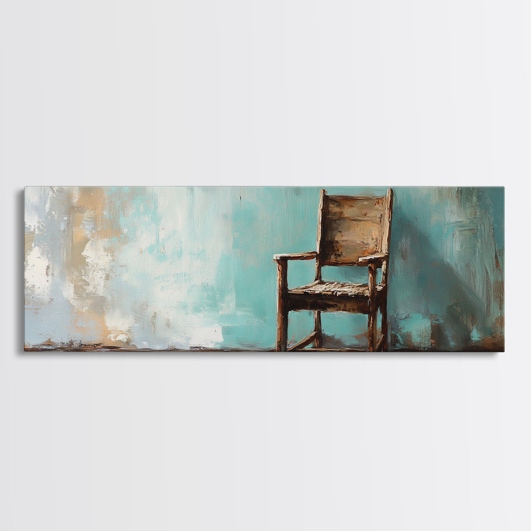 Rustic Empty Chair Wall Art, Moody Minimalist Framed Canvas Print, Wabi Sabi Office Decor, Neutral Living Room Wall Decor