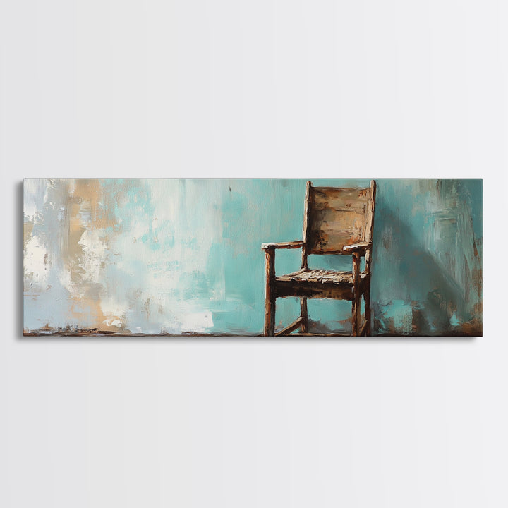 Rustic Empty Chair Wall Art, Moody Minimalist Framed Canvas Print, Wabi Sabi Office Decor, Neutral Living Room Wall Decor