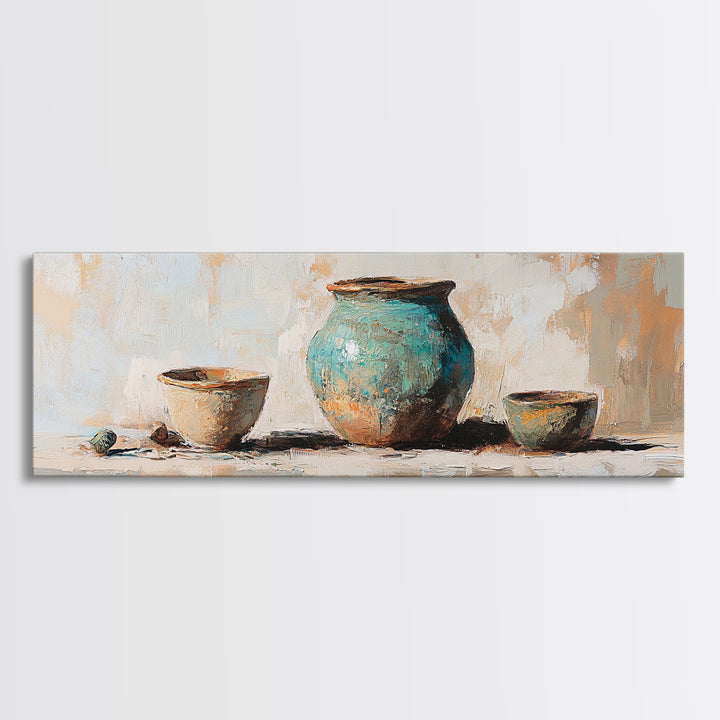 Turquoise Pottery Still Life Wall Art, Rustic Kitchen Decor, Farmhouse Canvas Print, Neutral Dining Room Art Print Gift Idea