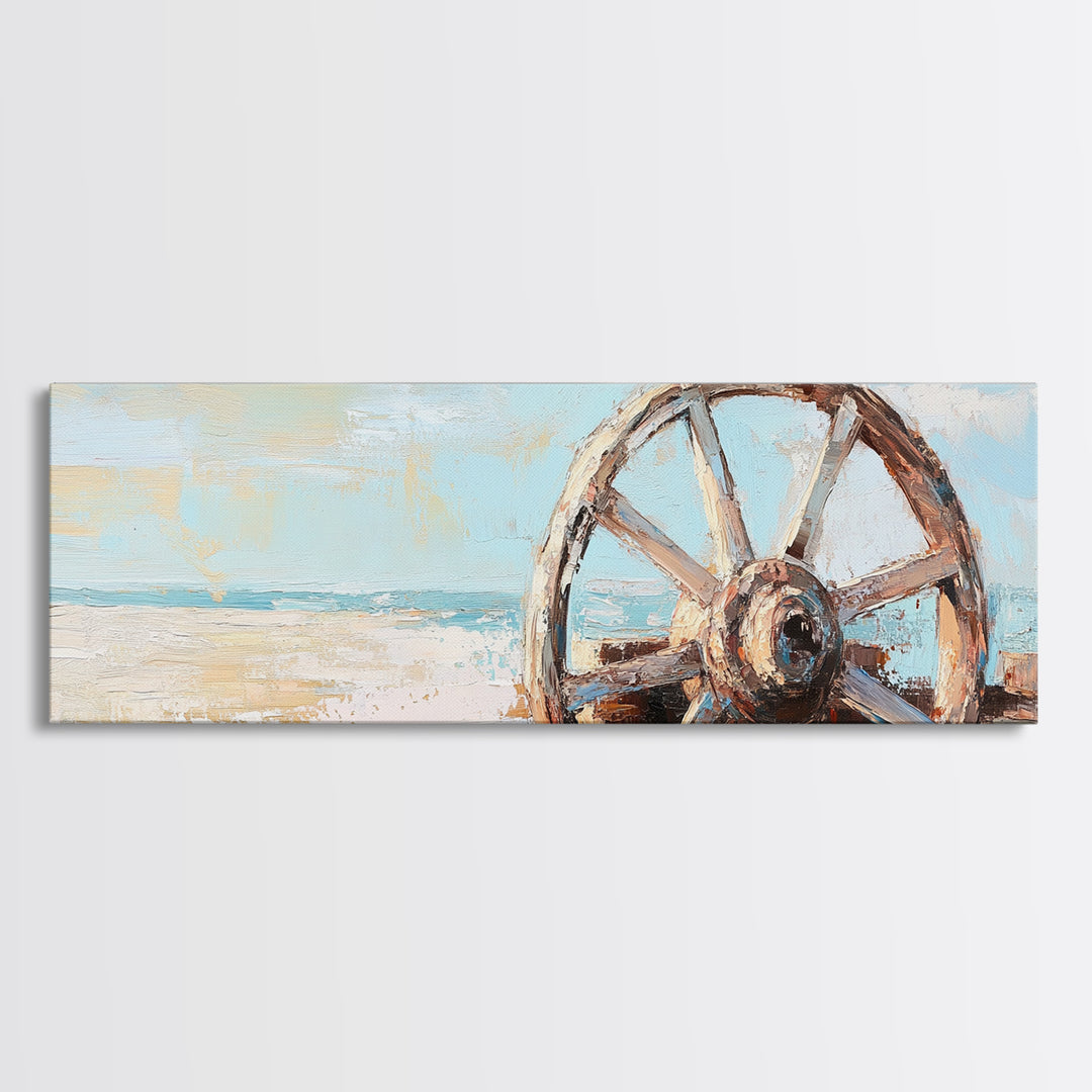 Weathered Wagon Wheel Wall Art, Coastal Beach Decor, Rustic Nautical Canvas Print, Beach House Wall Decor, Large Seascape Gift