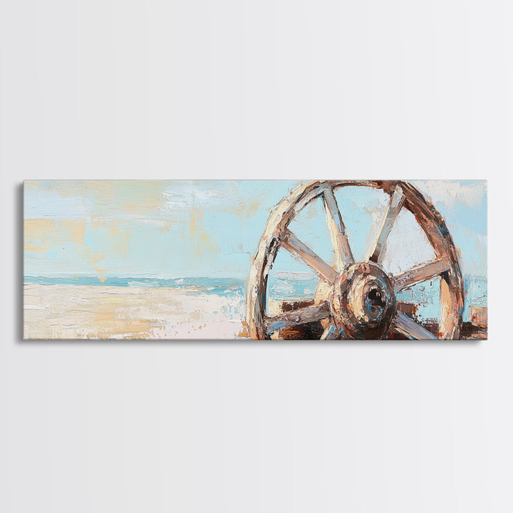 Weathered Wagon Wheel Wall Art, Coastal Beach Decor, Rustic Nautical Canvas Print, Beach House Wall Decor, Large Seascape Gift