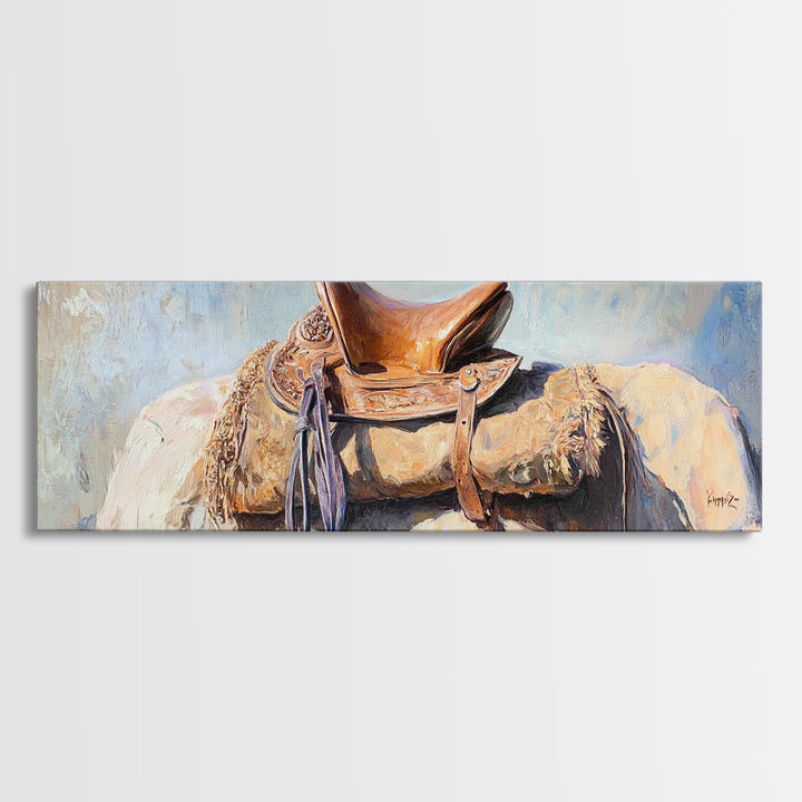 Western Horse Saddle Wall Art, Rustic Ranch Decor, Cowboy Farmhouse Canvas Print, Equestrian Wall Decor, Horse Lover Gift For Him