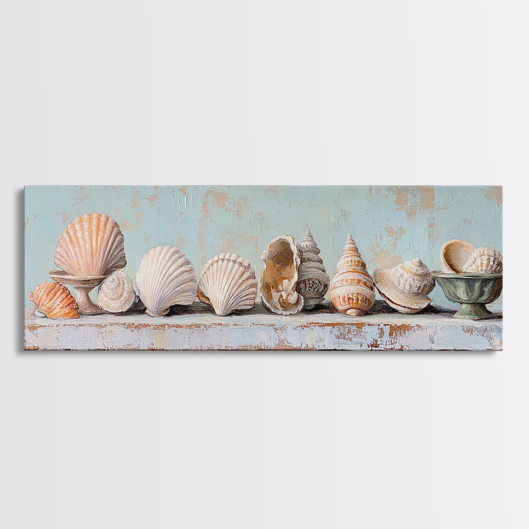 Pastel Seashell Shelf Still Life Framed Canvas Print, Coastal Wall Art, Beach House Decor, Nautical Bathroom Wall Decor, Ocean Print