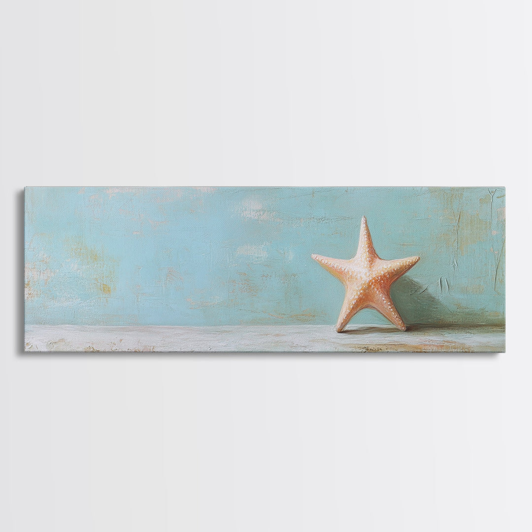 Single Starfish On Weathered Blue Shelf Wall Art, Minimalist Coastal Decor, Beach House Bathroom Canvas Print, Ocean Wall Decor