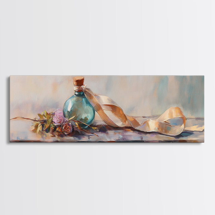 Coastal Bottle Ribbon And Shell Still Life Framed Canvas Print, Beach House Wall Art, Nautical Decor, Soft Pastel Art, Home Decor