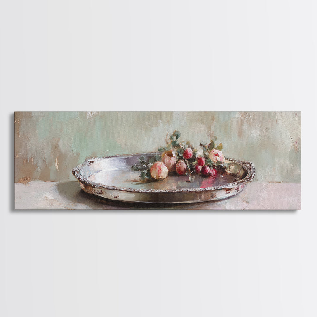 Antique Silver Tray With Red Berries Wall Art, Rustic Still Life Framed Canvas Print, Farmhouse Dining Room Decor, Kitchen Wall Decor