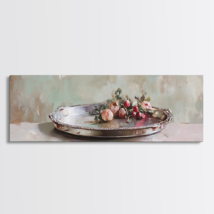Antique Silver Tray With Red Berries Wall Art, Rustic Still Life Framed Canvas Print, Farmhouse Dining Room Decor, Kitchen Wall Decor