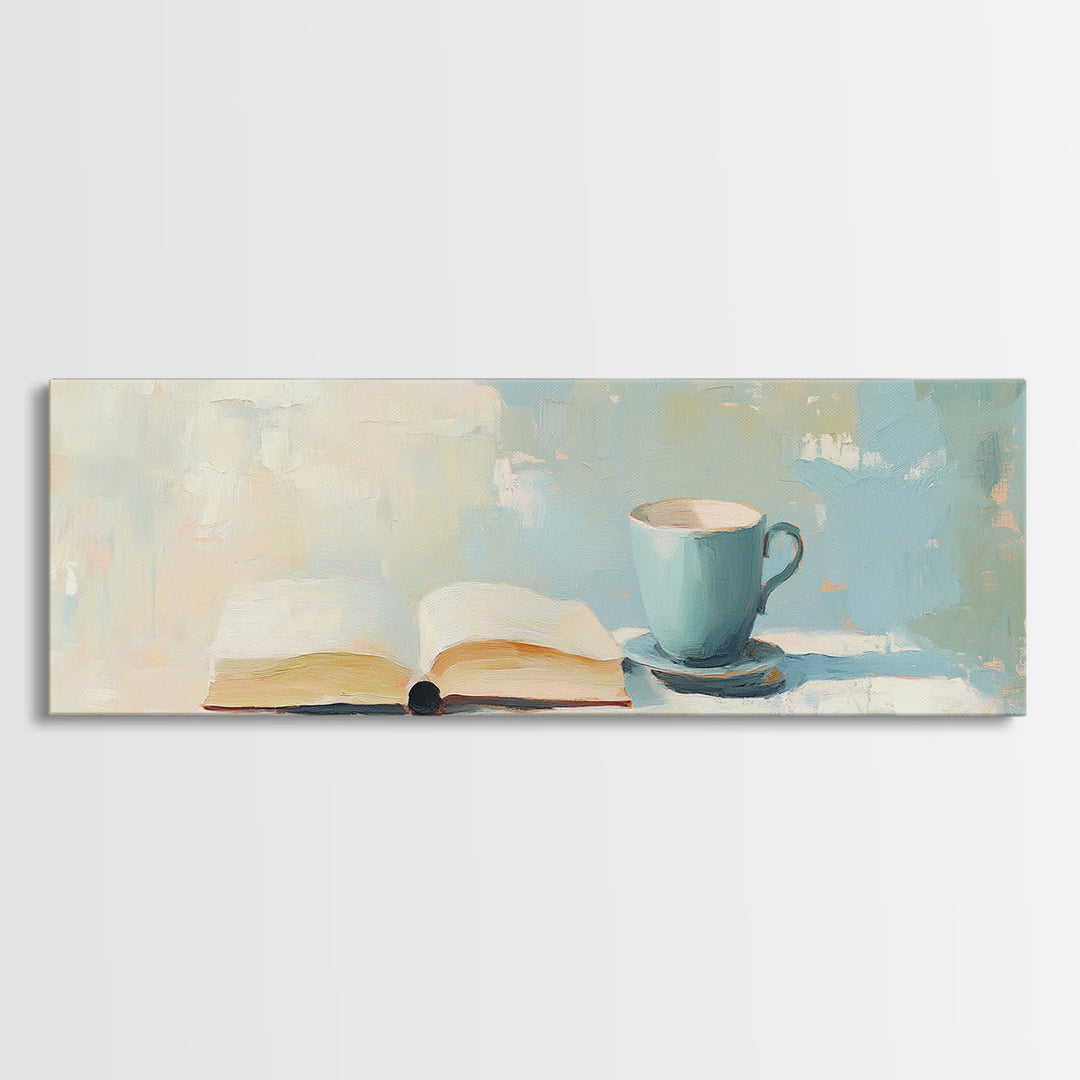 Open Book And Blue Teacup Wall Art, Cozy Reading Nook Print, Book Lover Gift, Minimalist Home Decor, Living Room Decor, Wall Decor