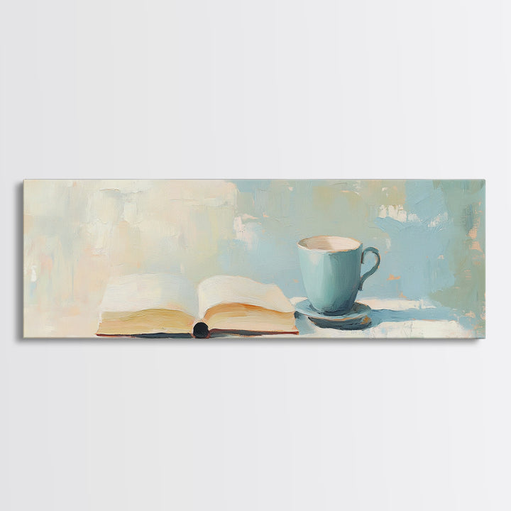 Open Book And Blue Teacup Wall Art, Cozy Reading Nook Print, Book Lover Gift, Minimalist Home Decor, Living Room Decor, Wall Decor