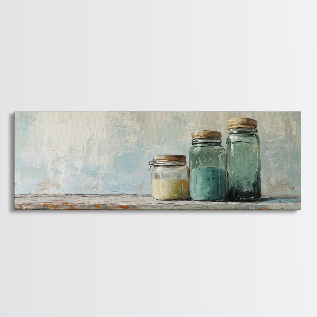 Minimalist Blue Glass Jars Canvas Print, Rustic Kitchen Wall Decor, Neutral Home Decor, Farmhouse Art, Modern Still Life Print