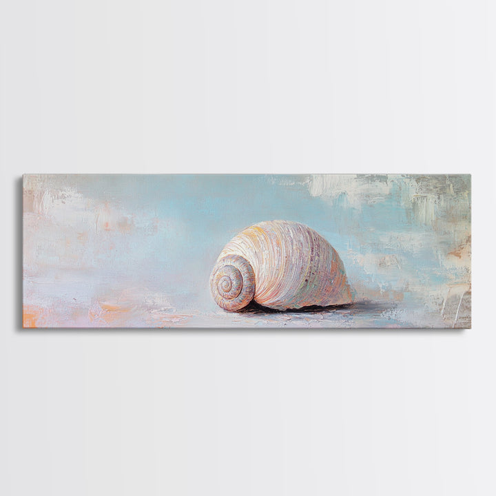 Pastel Seashell On Soft Blue Sand Canvas Print, Coastal Wall Art, Beach House Decor, Ocean Nursery Art, Seaside Gift For Her