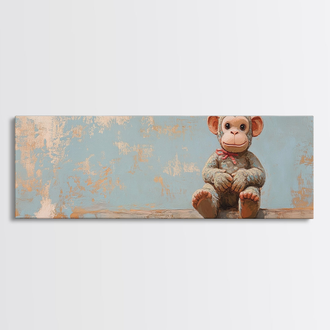 Plush Monkey Toy On Blue Nursery Wall Art, Whimsical Animal Art, Kids Room Decor, Baby Shower Gift, Cute Animal Canvas Print
