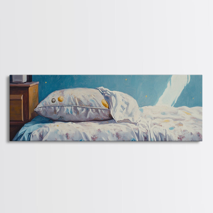 Sunlit Floral Bed With Blue Pillow Wall Art, Cozy Bedroom Decor, Guest Room Art, Above Bed Print, Romantic Canvas Print For Her