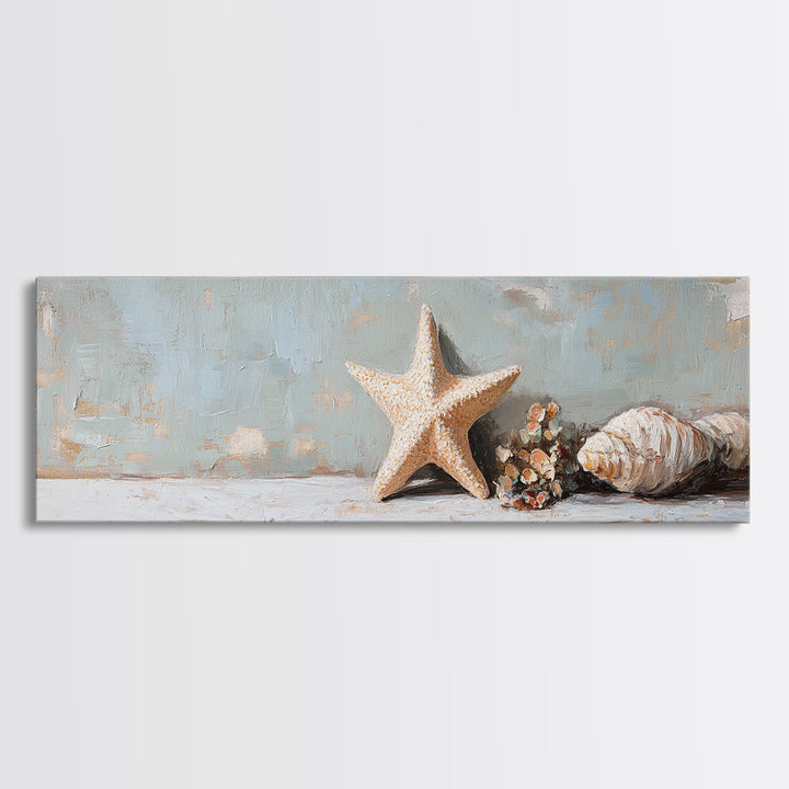 Starfish And Conch Shell Wall Art, Coastal Bathroom Decor, Beach House Canvas Print, Nautical Ocean Home Decor Housewarming Gift