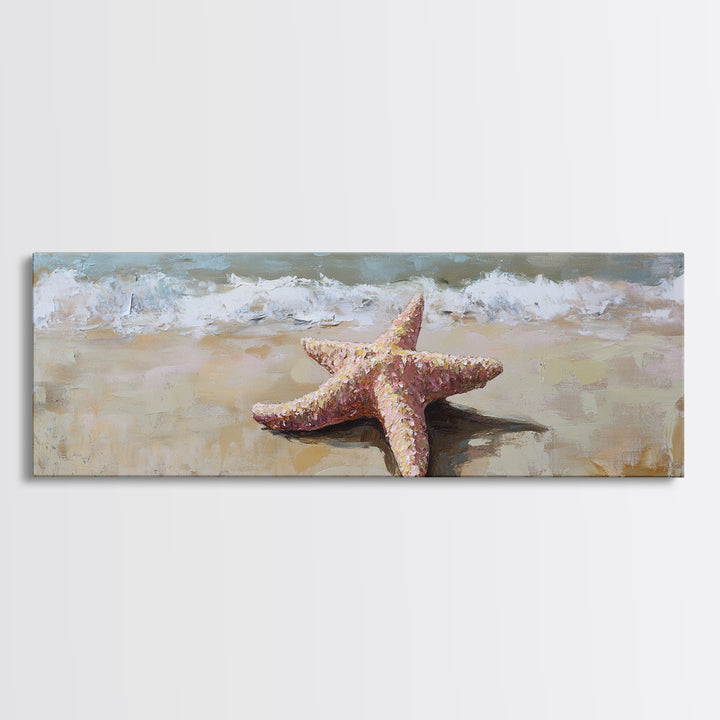 Pink Starfish On Sandy Beach Canvas Print, Coastal Wall Art, Ocean Waves Decor, Summer Beach House Bathroom Wall Decor Gift