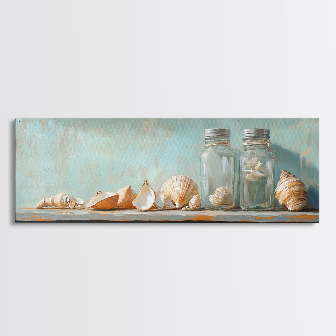 Seashells And Glass Jars Wall Art, Coastal Bathroom Decor, Beach House Canvas Print, Nautical Ocean Home Shelf Decor Gift