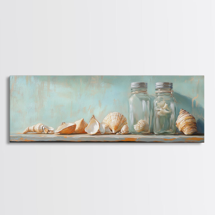 Seashells And Glass Jars Wall Art, Coastal Bathroom Decor, Beach House Canvas Print, Nautical Ocean Home Shelf Decor Gift