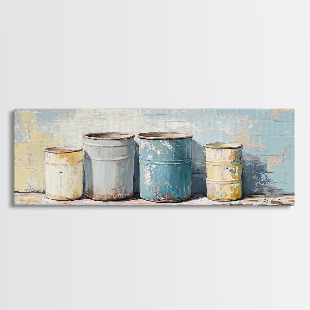 Weathered Paint Cans Still Life Wall Art, Rustic Studio Decor, Industrial Canvas Print, Blue Neutral Workshop Wall Decor Gift