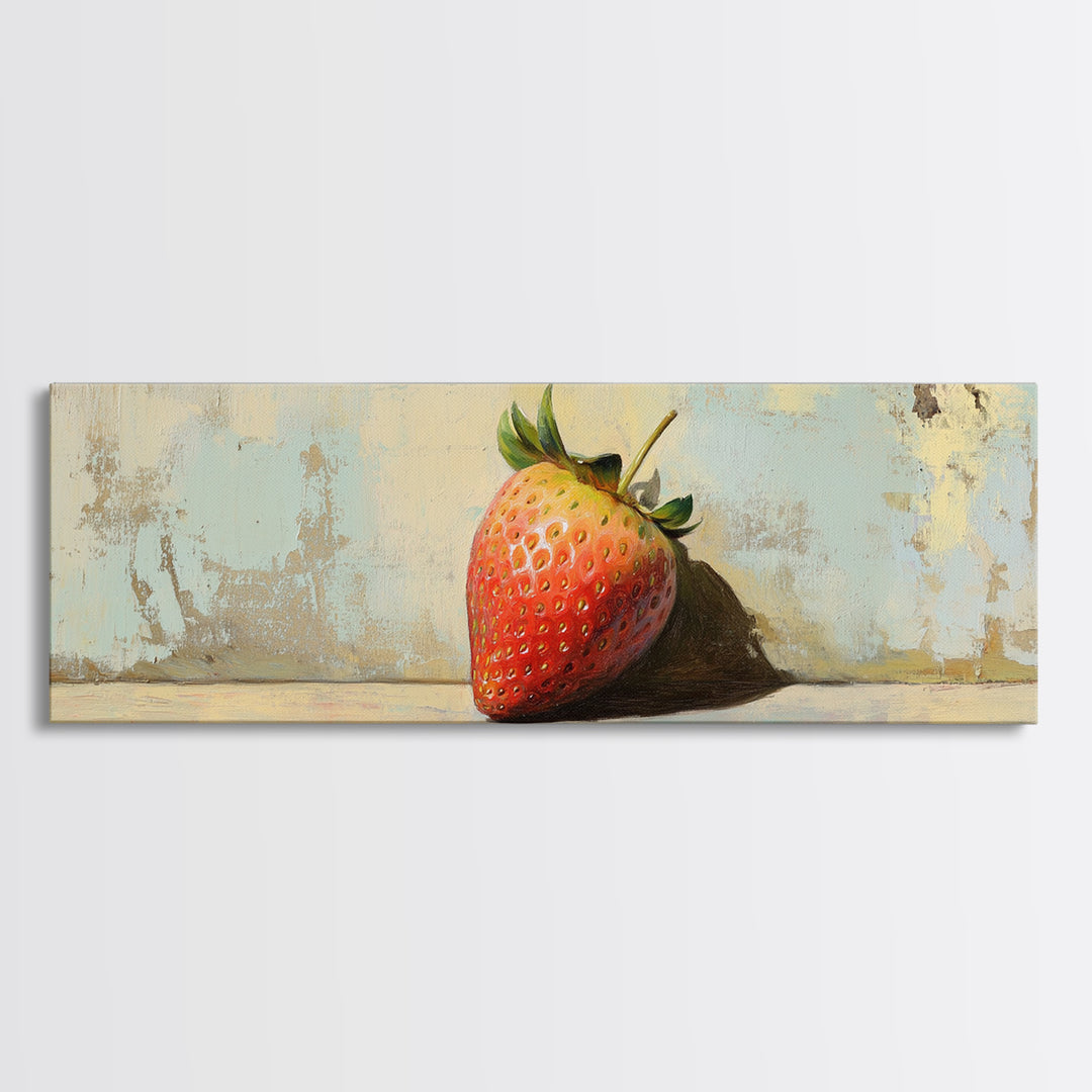 Single Strawberry Still Life Wall Art, Rustic Kitchen Decor, Fruit Art Print, Farmhouse Canvas, Dining Room Decor Gift Idea