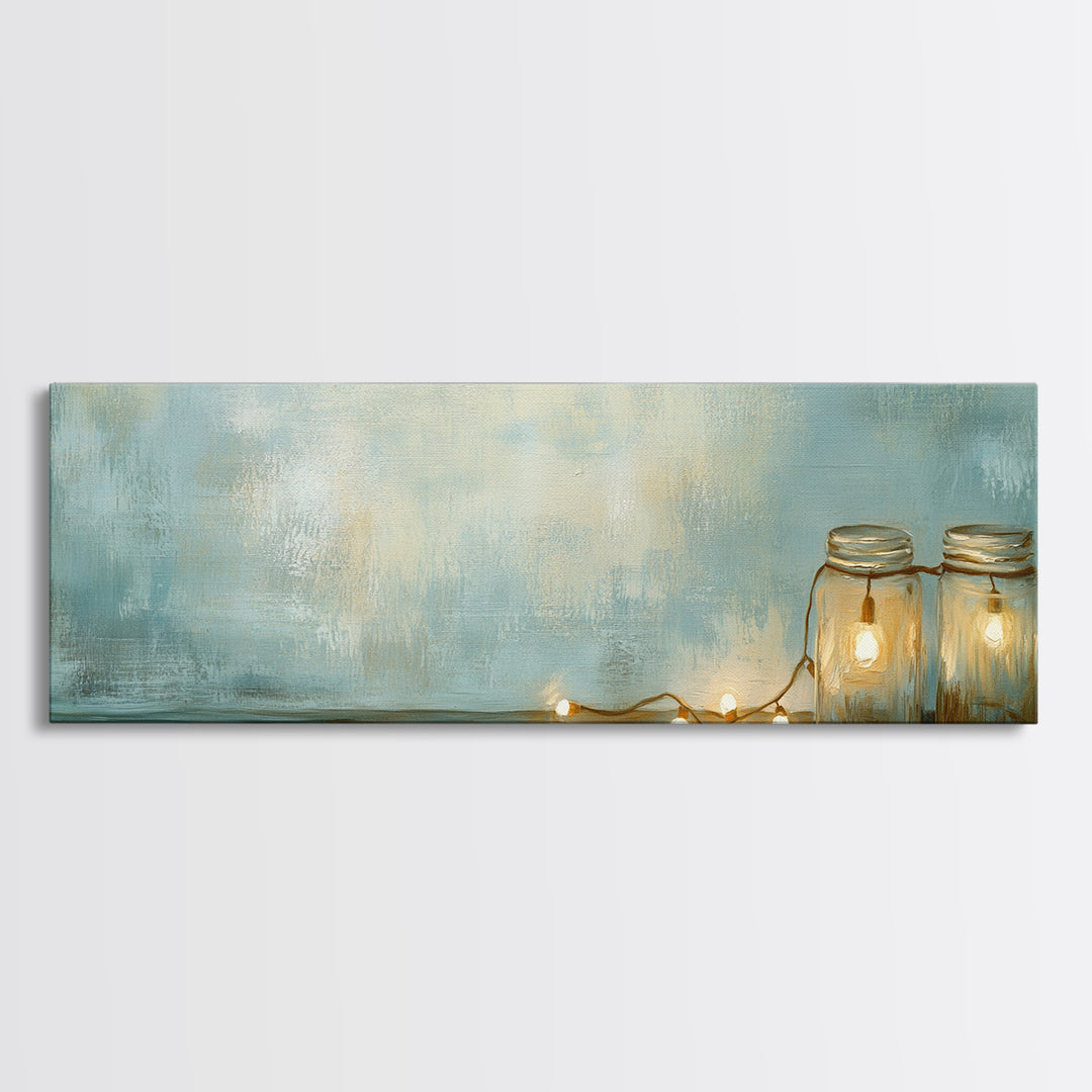 Glowing Mason Jar Lights Canvas Print, Cozy Farmhouse Wall Decor, Rustic Home Decor, Bedroom Art, Housewarming Gift For Her