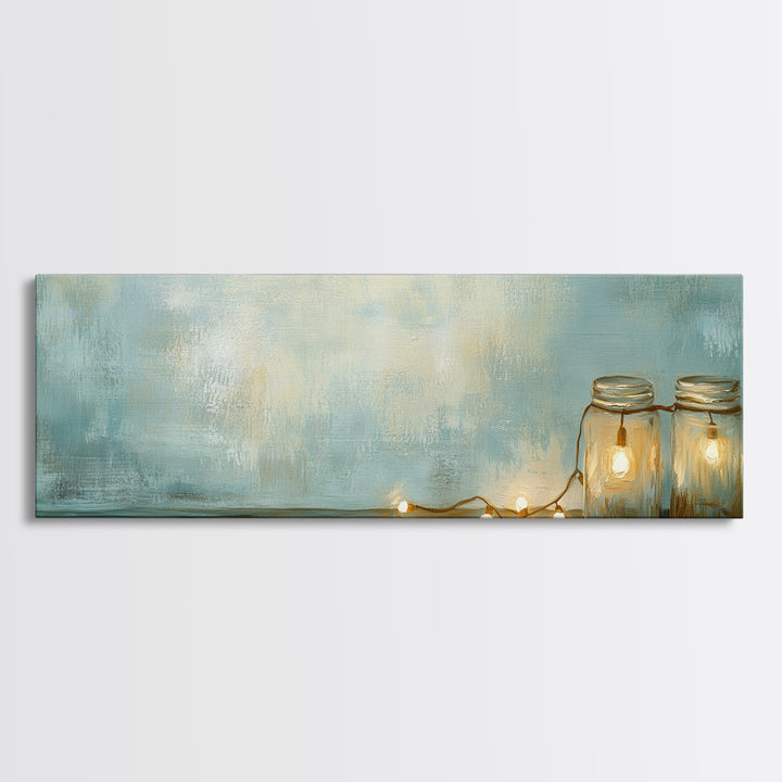 Glowing Mason Jar Lights Canvas Print, Cozy Farmhouse Wall Decor, Rustic Home Decor, Bedroom Art, Housewarming Gift For Her