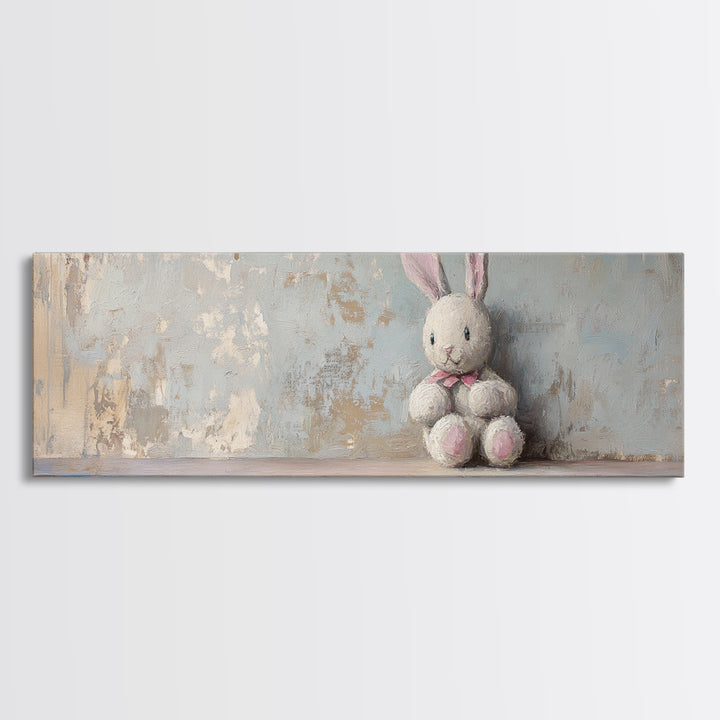Plush Bunny Toy Wall Art, Soft Pastel Nursery Decor, Baby Girl Room Art, Whimsical Animal Print, Baby Shower Gift For Kids