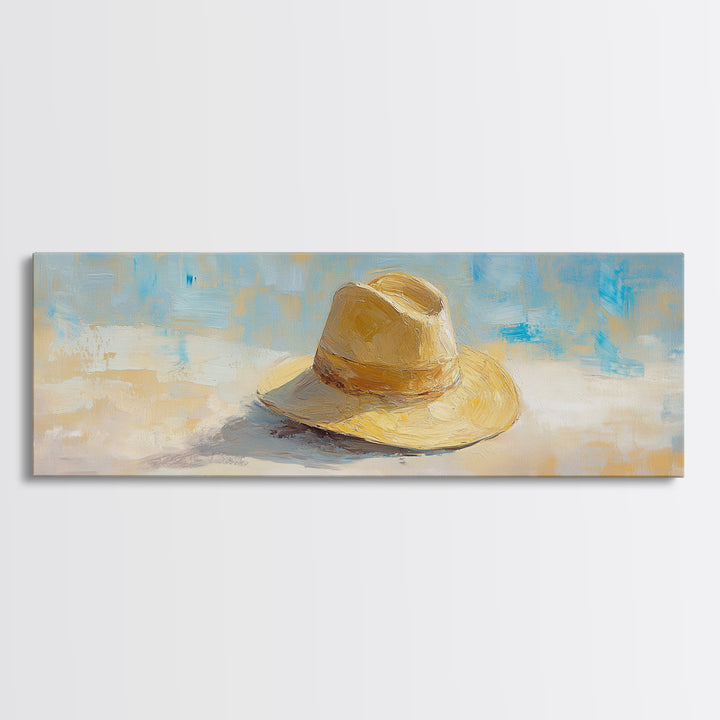 Straw Sun Hat Canvas Print, Coastal Beach Wall Art, Summer Home Decor, Minimalist Seascape, Vacation Housewarming Gift Idea