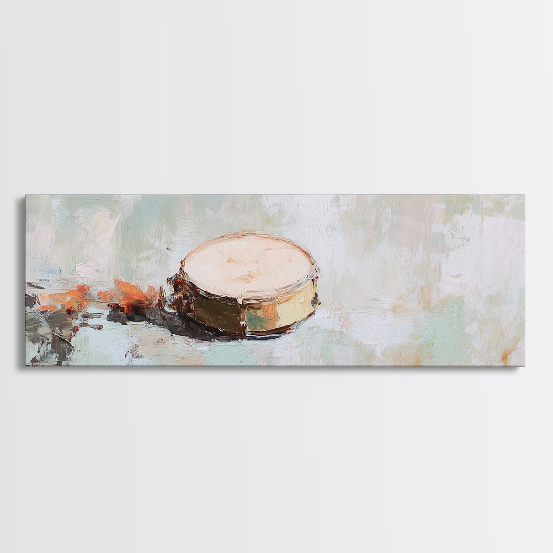 Rustic Hand Drum Framed Canvas Print, Boho Music Wall Art, Earth Tone Instrument Decor, Textured Contemporary Painting Print