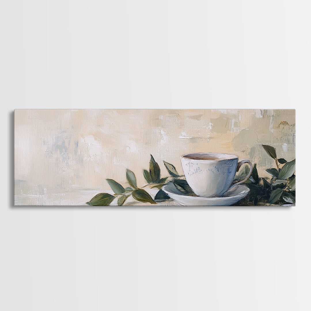 White Teacup With Green Leaves Canvas Print, Neutral Kitchen Wall Art, Rustic Home Decor, Cozy Cafe Art, Housewarming Gift