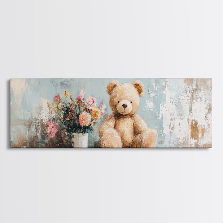 Teddy Bear With Flower Vase Canvas Print, Nursery Wall Art, Whimsical Kids Room Decor, Baby Shower Gift, Cute Animal Art