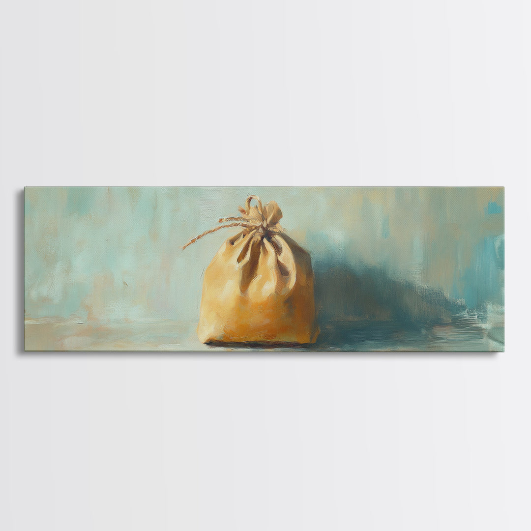 Small Burlap Drawstring Bag Canvas Print, Minimalist Wall Art, Rustic Home Decor, Neutral Still Life, Cozy Farmhouse Kitchen Art