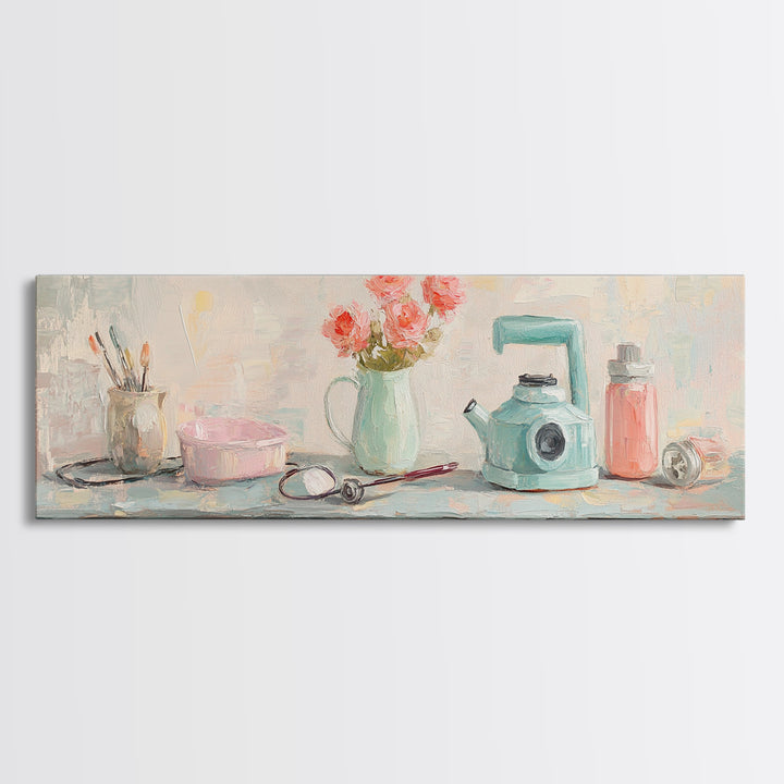 Pastel Vanity Shelf With Flowers Framed Canvas Print, Feminine Bathroom Wall Art, Beauty Room Decor, Gift For Her, Girly Decor