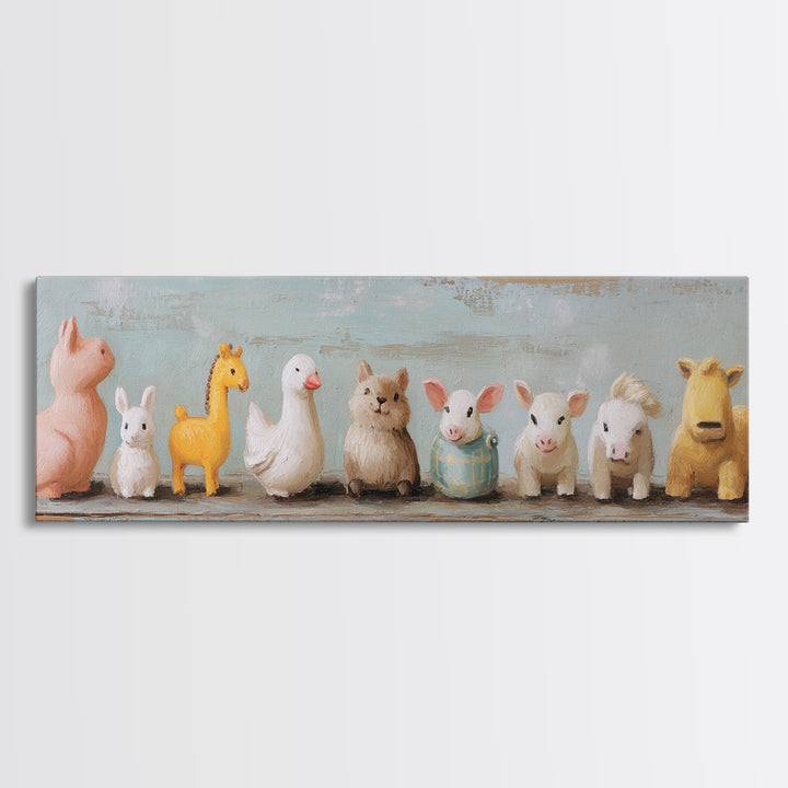 Cute Toy Animal Lineup Canvas Print, Whimsical Nursery Wall Art, Kids Room Decor, Playroom Art, Baby Animal Gift For Her