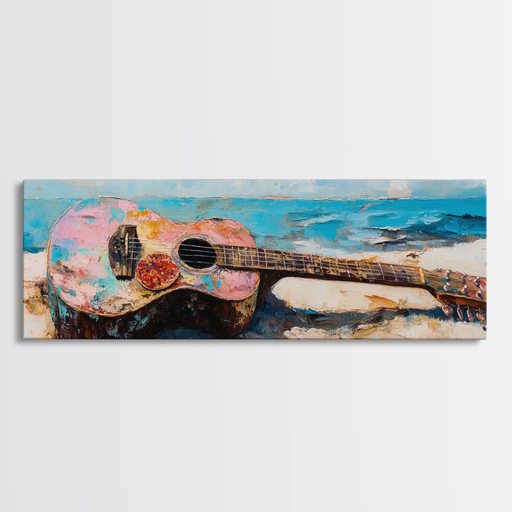 Weathered Acoustic Guitar On Beach Canvas Print, Coastal Wall Art, Music Room Decor, Ocean Art Print, Gift For Guitar Lover