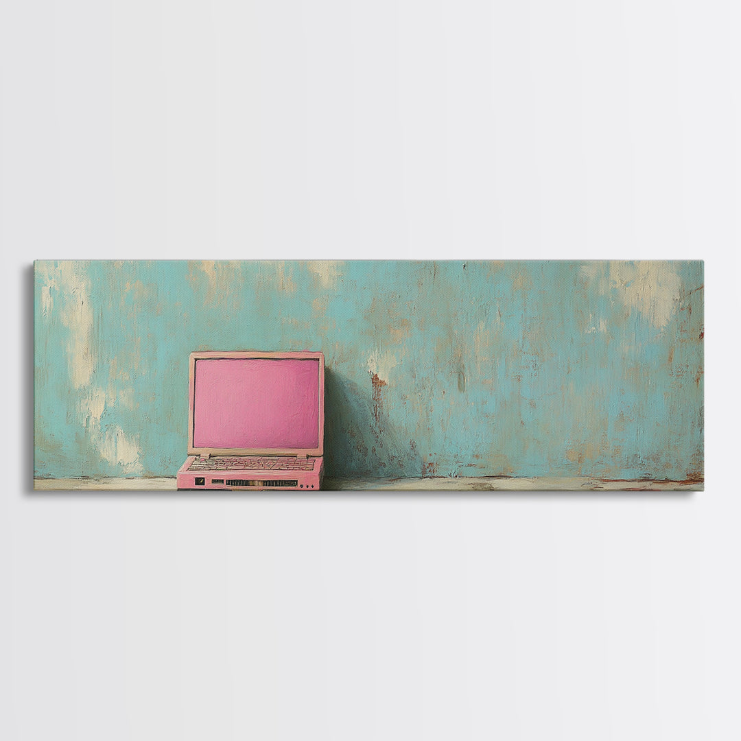 Pink Retro Laptop On Teal Shelf Wall Art, Minimalist Office Decor, Tech Art Print, Dorm Room Decor, Modern Wall Decor Gift