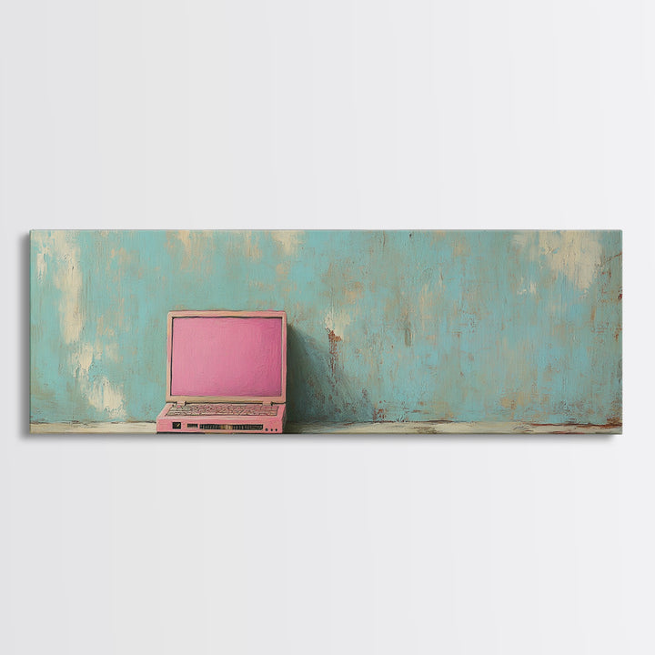 Pink Retro Laptop On Teal Shelf Wall Art, Minimalist Office Decor, Tech Art Print, Dorm Room Decor, Modern Wall Decor Gift