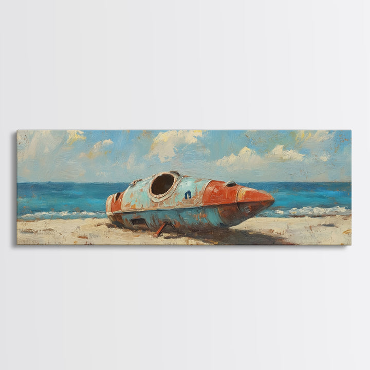 Retro Space Capsule On Beach Canvas Print, Coastal Sci Fi Wall Decor, Space Wall Art, Ocean Decor, Gift For Him, Beach House Decor