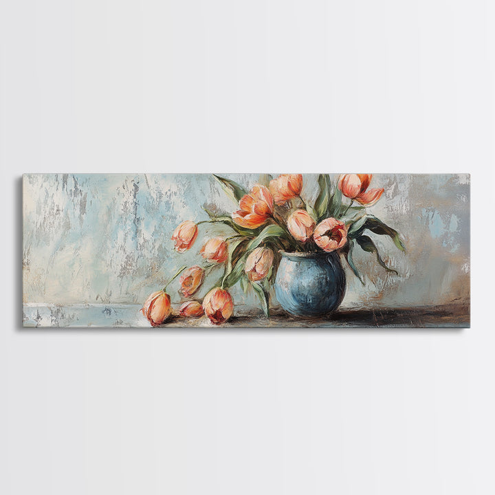 Orange Tulips In Blue Vase Framed Canvas Print, Rustic Floral Wall Art, Farmhouse Decor, Still Life Painting Gift For Her