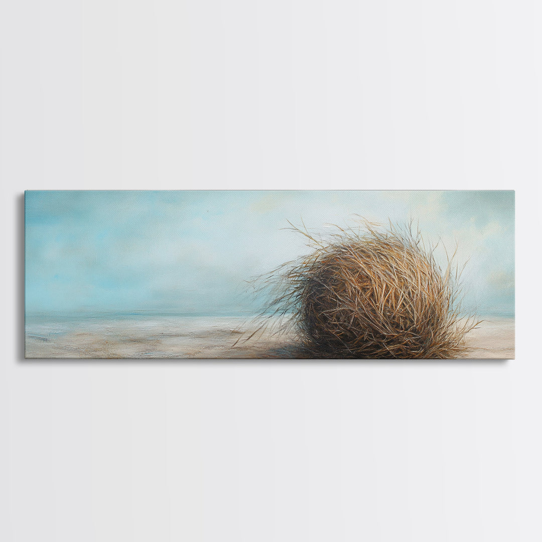 Coastal Tumbleweed On Sandy Shore Canvas Print, Neutral Beach Wall Art, Seascape Decor, Calm Ocean Landscape Painting Gift