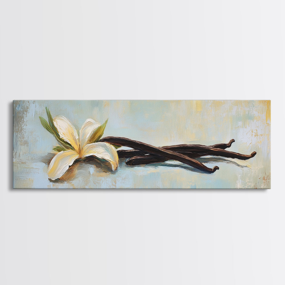 Vanilla Blossom And Bean Pods Framed Canvas Print, Kitchen Wall Art, Botanical Decor, Minimalist Food Art Print Gift For Her