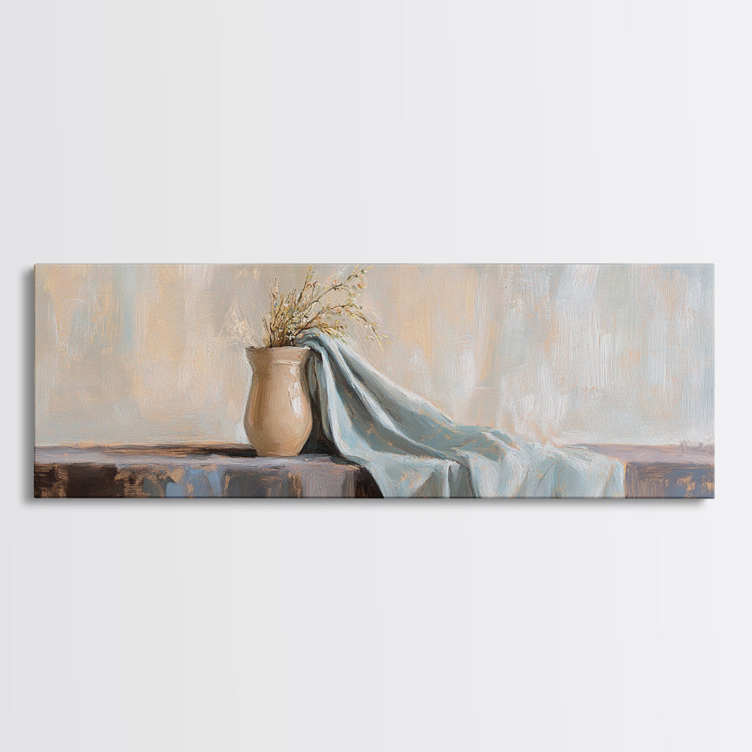 Beige Vase With Dried Grass And Blue Draped Cloth Wall Art, Wabi Sabi Canvas Print, Neutral Home Decor For Living Room Gift
