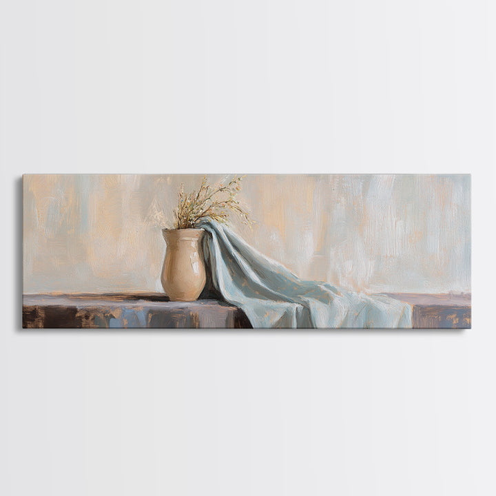 Beige Vase With Dried Grass And Blue Draped Cloth Wall Art, Wabi Sabi Canvas Print, Neutral Home Decor For Living Room Gift