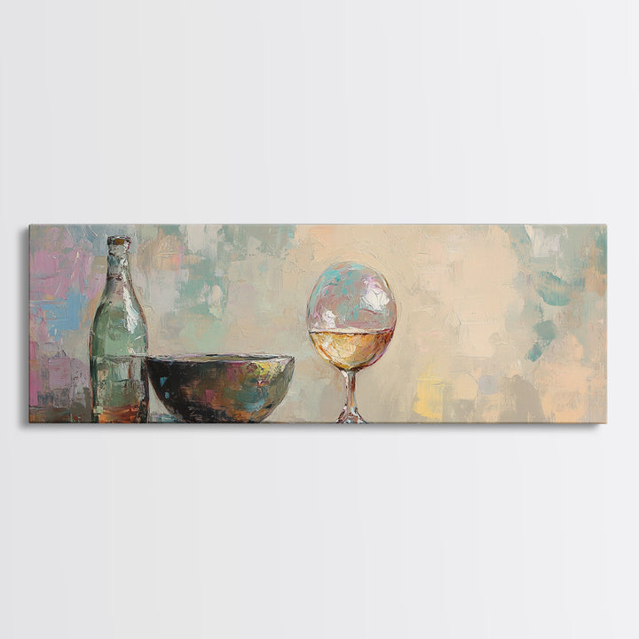 Bottle Bowl And Wine Glass Still Life Canvas Print, Modern Kitchen Wall Art, Dining Room Decor, Neutral Home Decor Gift For Her