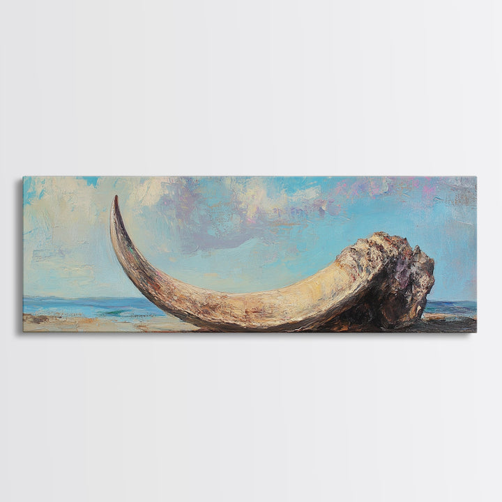 Weathered Ivory Tusk On Shore Canvas Print, Coastal Wall Art, Rustic Beach House Decor, Nautical Long Horizontal Living Room Art