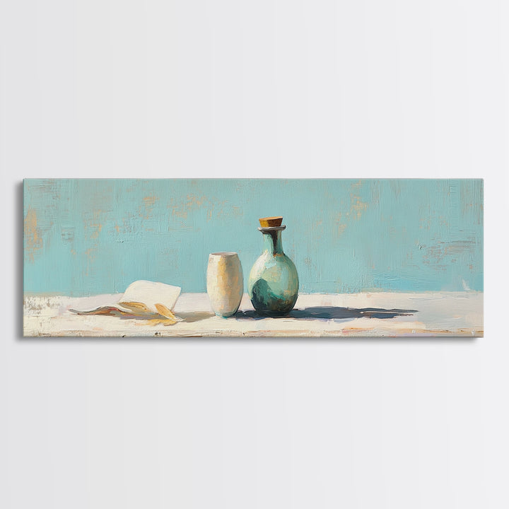 Turquoise Vase And Open Book Canvas Print, Minimalist Wall Art, Coastal Still Life Decor, Modern Japandi Living Room Art