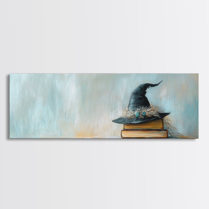Witch Hat On Stacked Books Framed Canvas Print, Magical Library Wall Art, Dark Academia Decor, Book Lover Gift, Fantasy Art