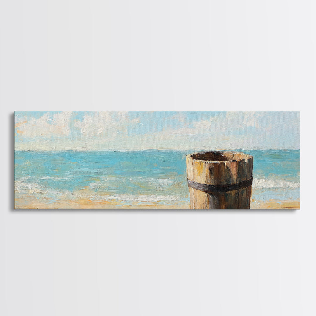 Weathered Barrel On Sunny Beach Wall Art, Coastal Home Decor, Ocean Painting, Nautical Print, Beach House Gift, Seascape Art